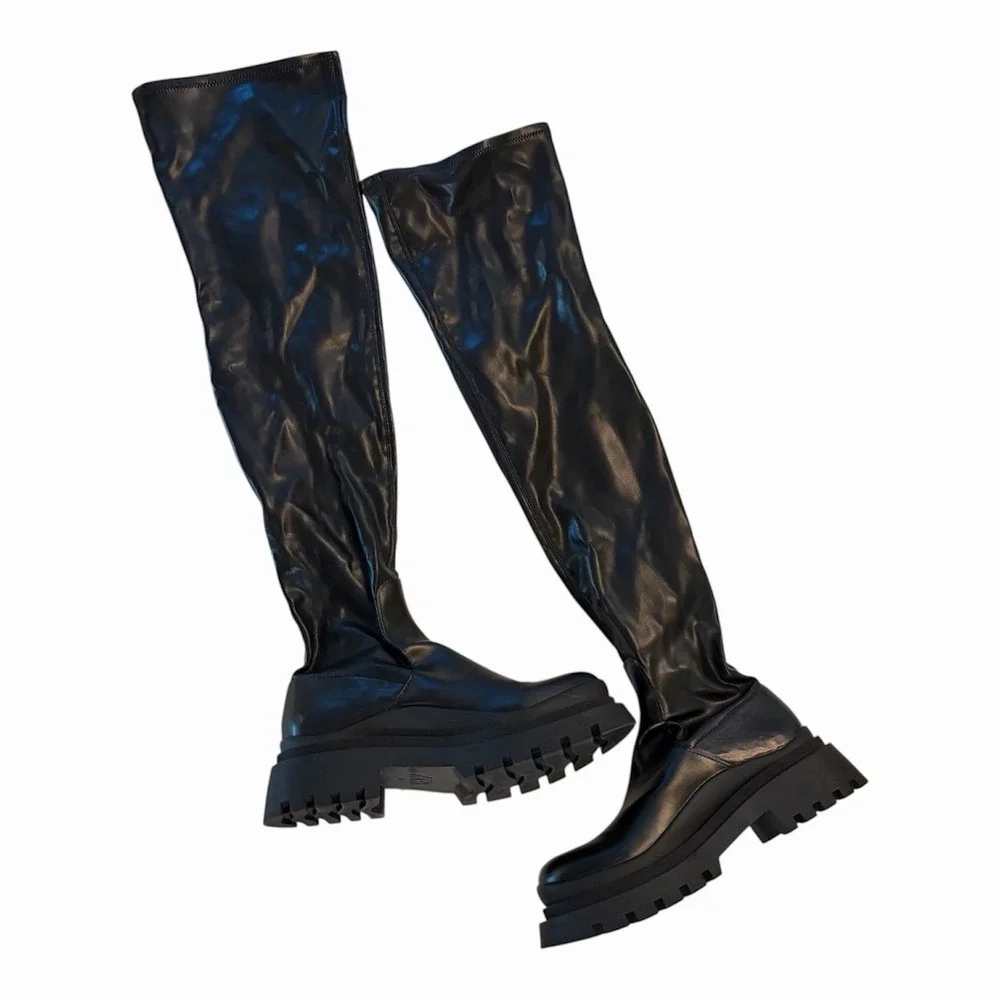 Zara Black Faux Leather Flat Over The Knee Boots Combat Long Tall Size 40